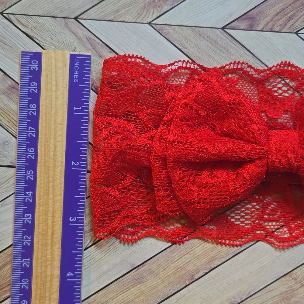 Set of 2 Wide Lace Bow Headbands Orange & Red Stretch Hairband Handmade Bundle